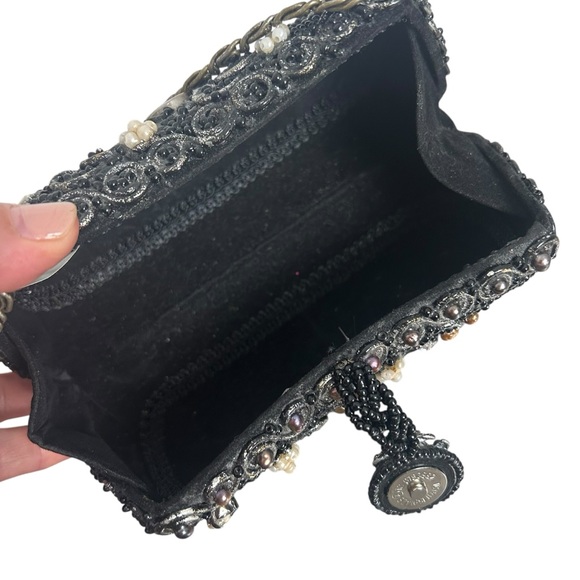 Mary Frances Black Beaded Pearl Rhinestone Silver Evening Shoulder Bag EC - Picture 9 of 16